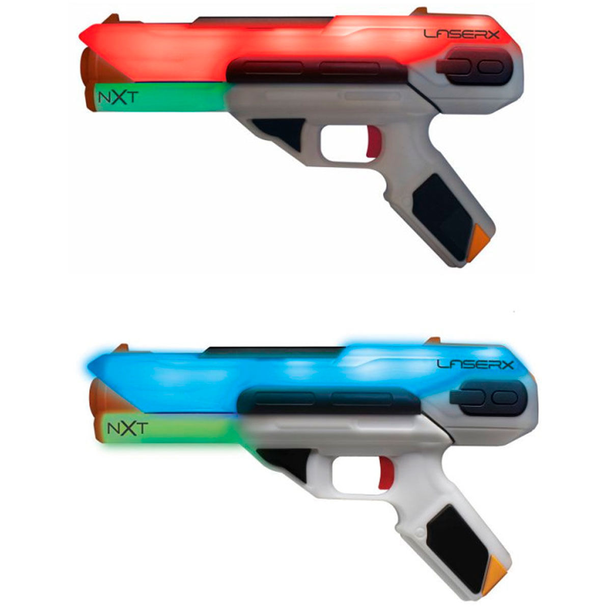 Dos pistolas de juguete Laser-X, una iluminada en rojo, la otra en azul.