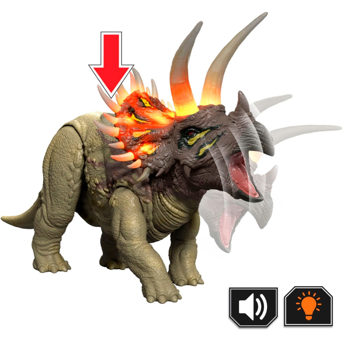 Un dinosaurio de juguete con cabeza brillante, flecha roja arriba. Iconos de sonido y luz abajo.