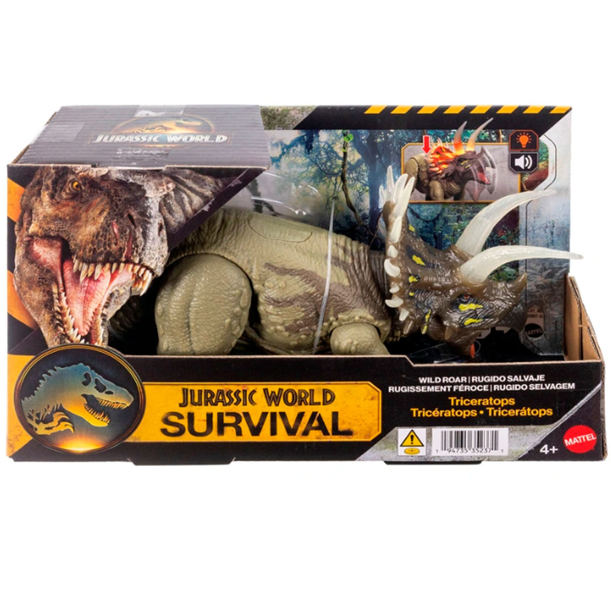 Embalaje de juguete Triceratops de Jurassic World con imagen de T-Rex y símbolos de advertencia.