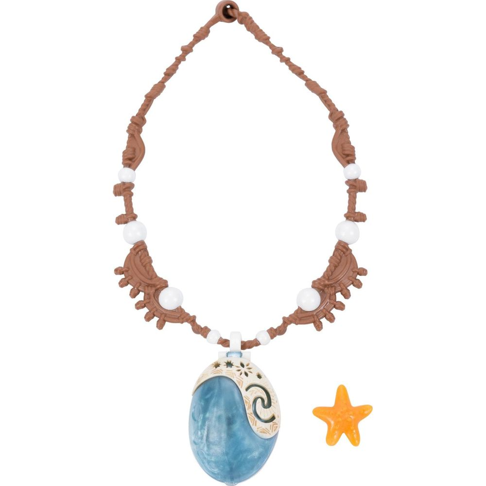 Collar marrón con colgante azul y pequeña estrella de mar naranja.
