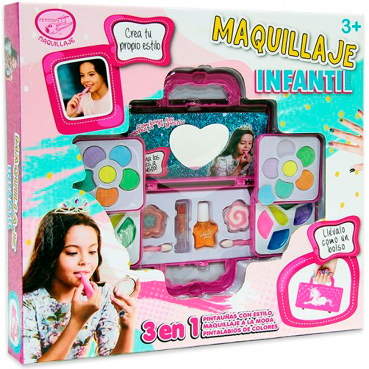 Set de maquillaje infantil con sombras, pintalabios y esmaltes.