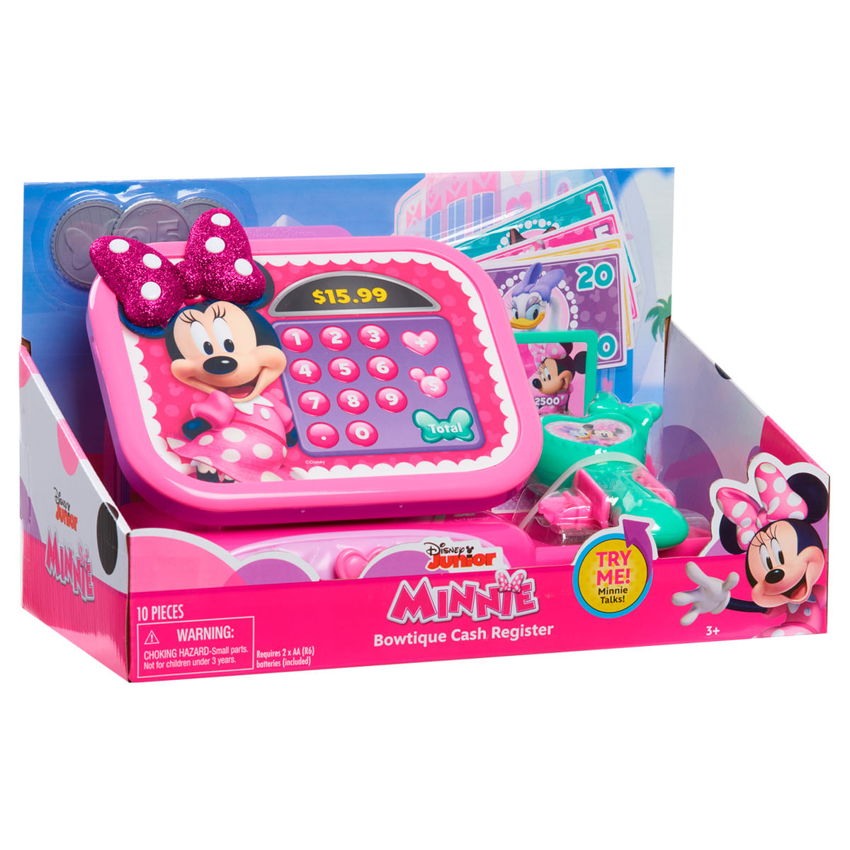 Una caja registradora de juguete rosa de Minnie Mouse con botones, monedas y accesorios.