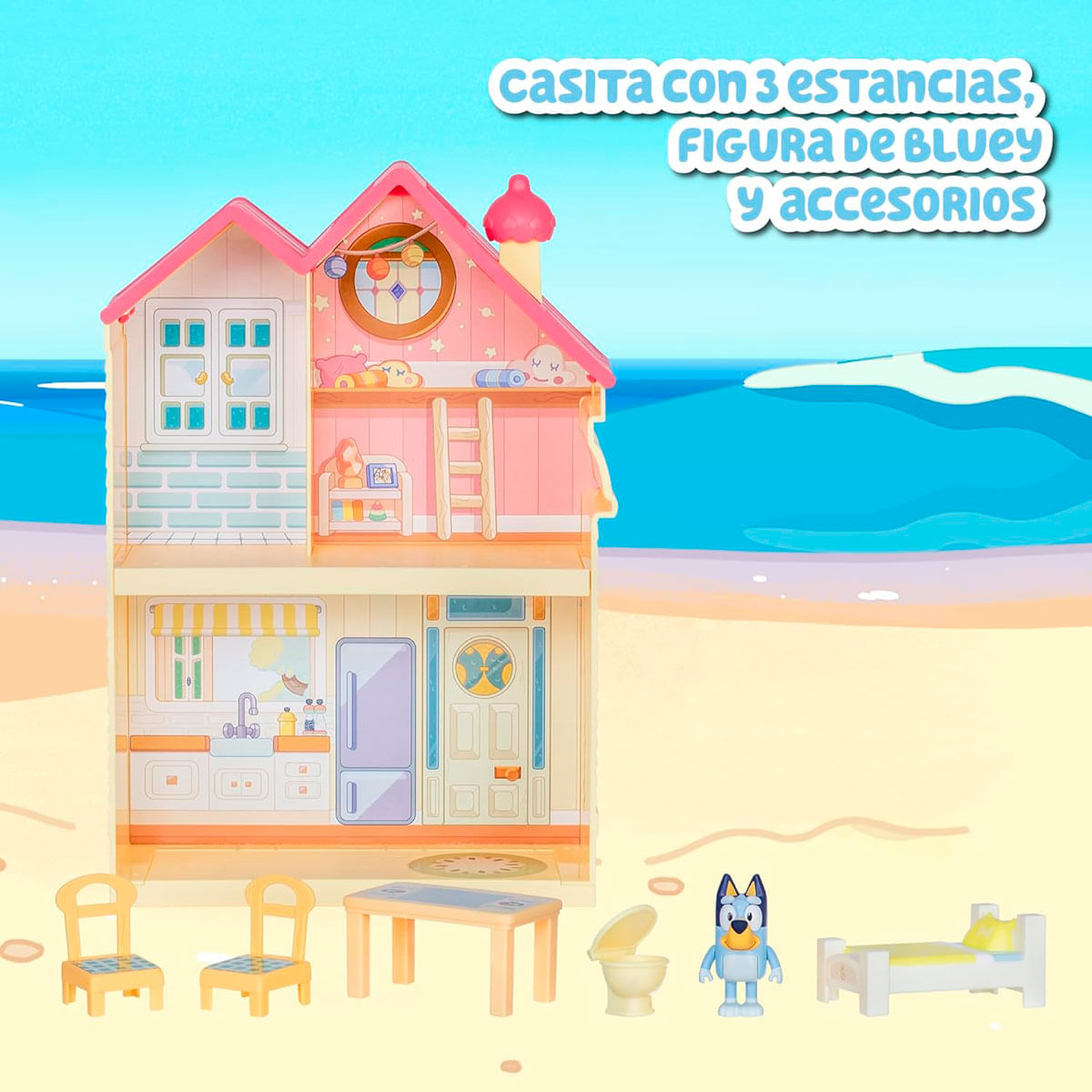 Una casa de muñecas de juguete con figura de Bluey, muebles y accesorios en playa.