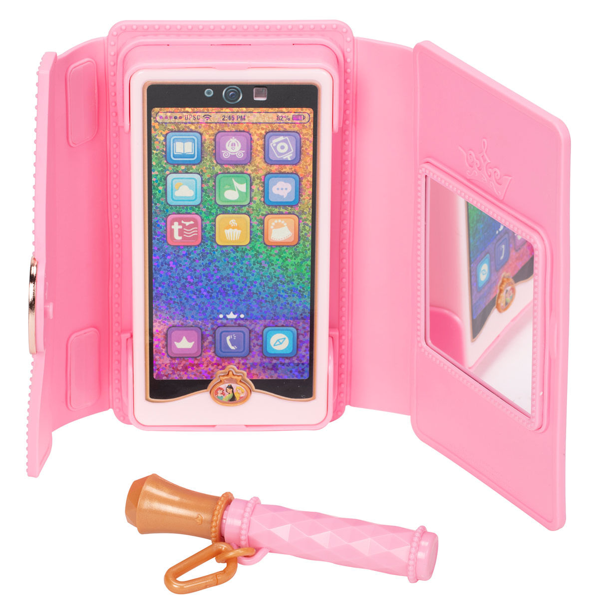 Un smartphone de juguete rosa con iconos de aplicaciones y un micrófono a juego.