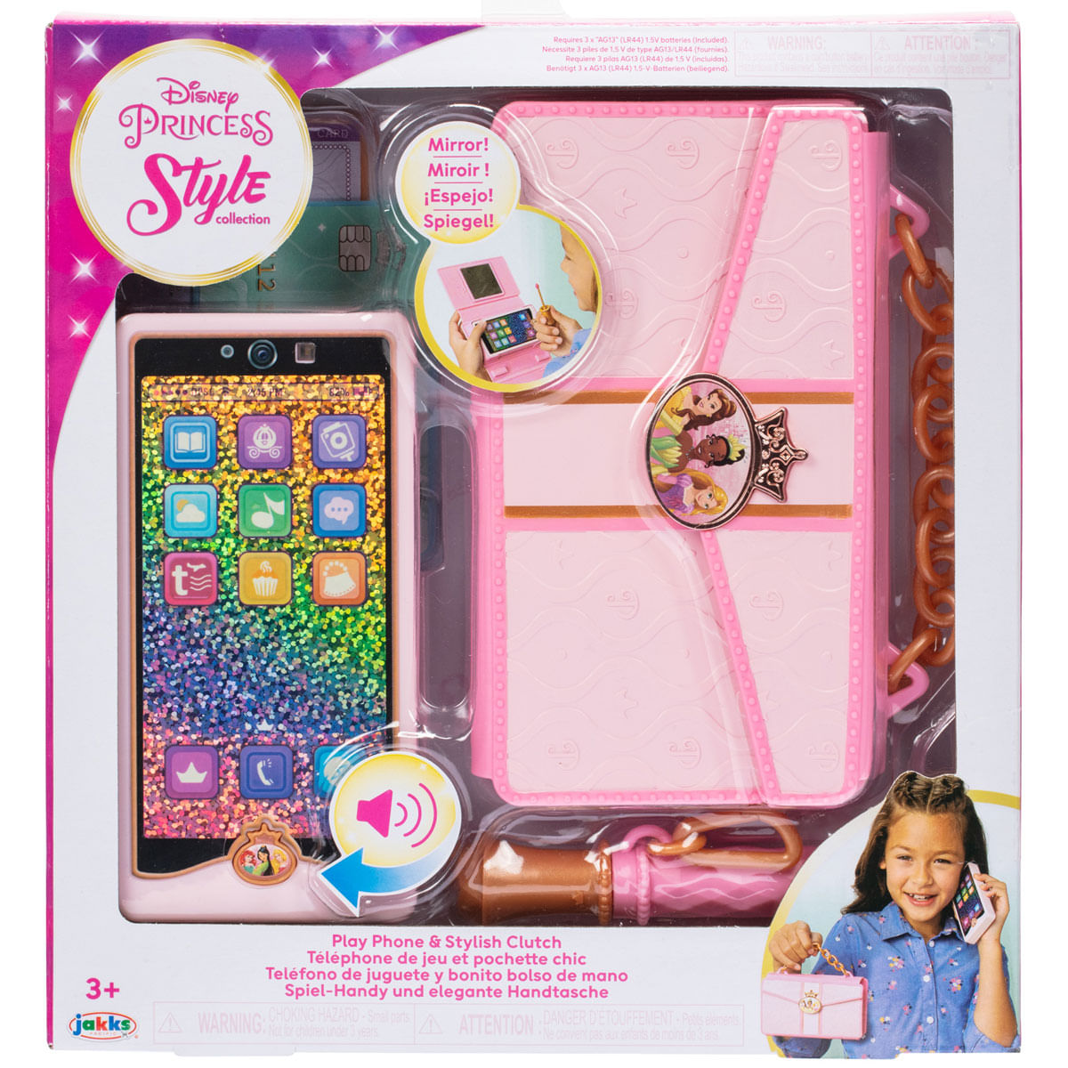 Un smartphone de juguete rosa y un bolso a juego con tema de princesa.