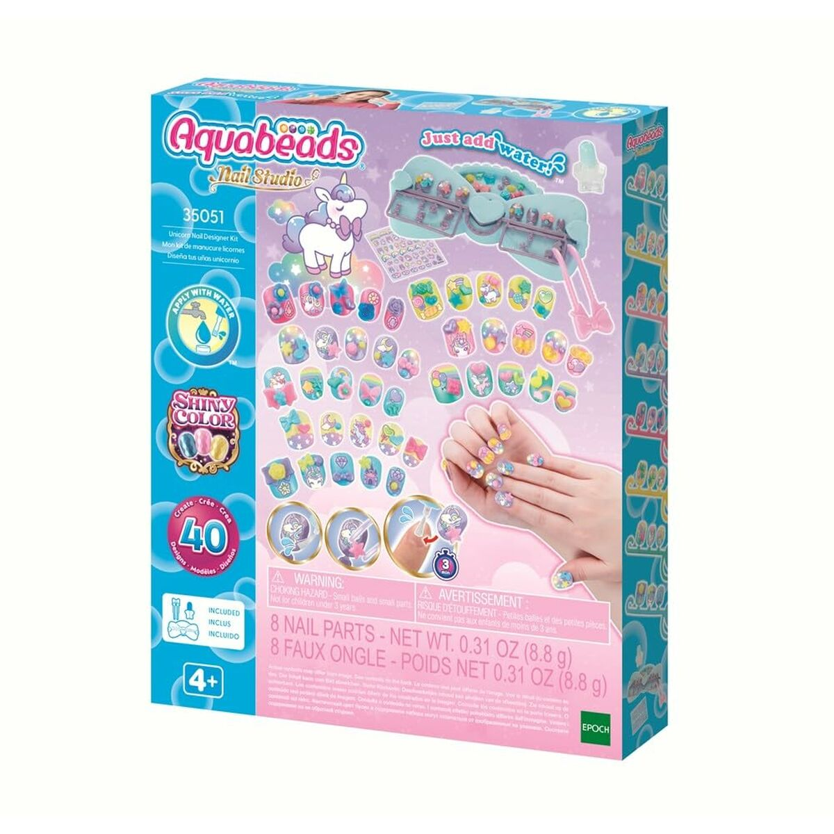 Kit de estudio de uñas de unicornio Aquabeads con coloridos diseños de uñas de unicornio.