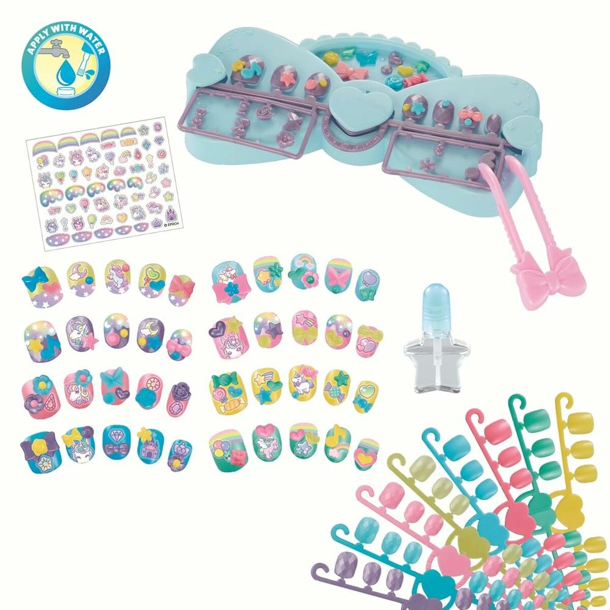 Un set de uñas infantil con pegatinas coloridas, uñas postizas y herramientas.