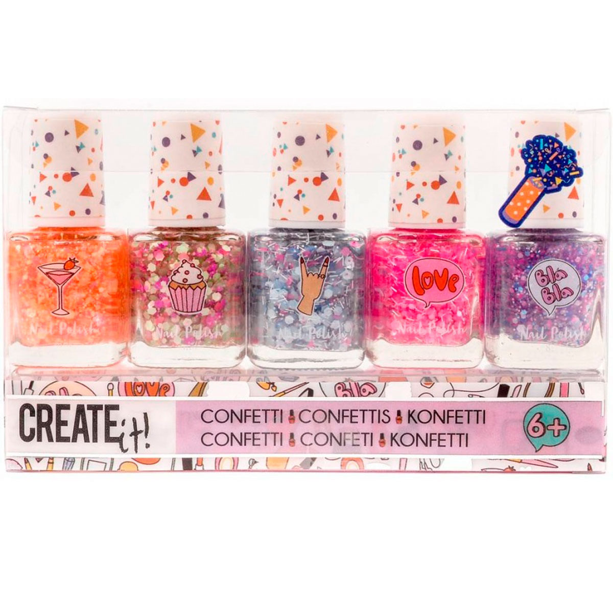 Cinco botellas de esmalte con brillos y diseños de confeti: martini, cupcake, mano rock, amor, bla bla.