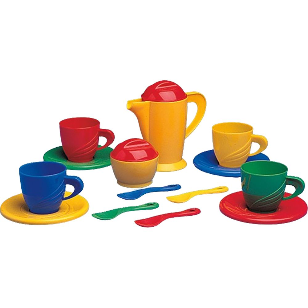 Un juego de té de plástico de colores con cuatro tazas, platillos, cucharas, una jarra y una azucarera.