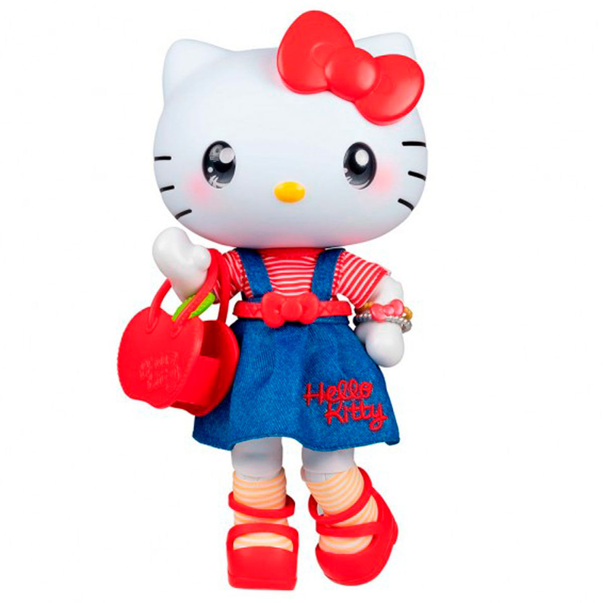 Muñeca Hello Kitty con vestido azul, top rojo a rayas, zapatos rojos y bolso rojo.