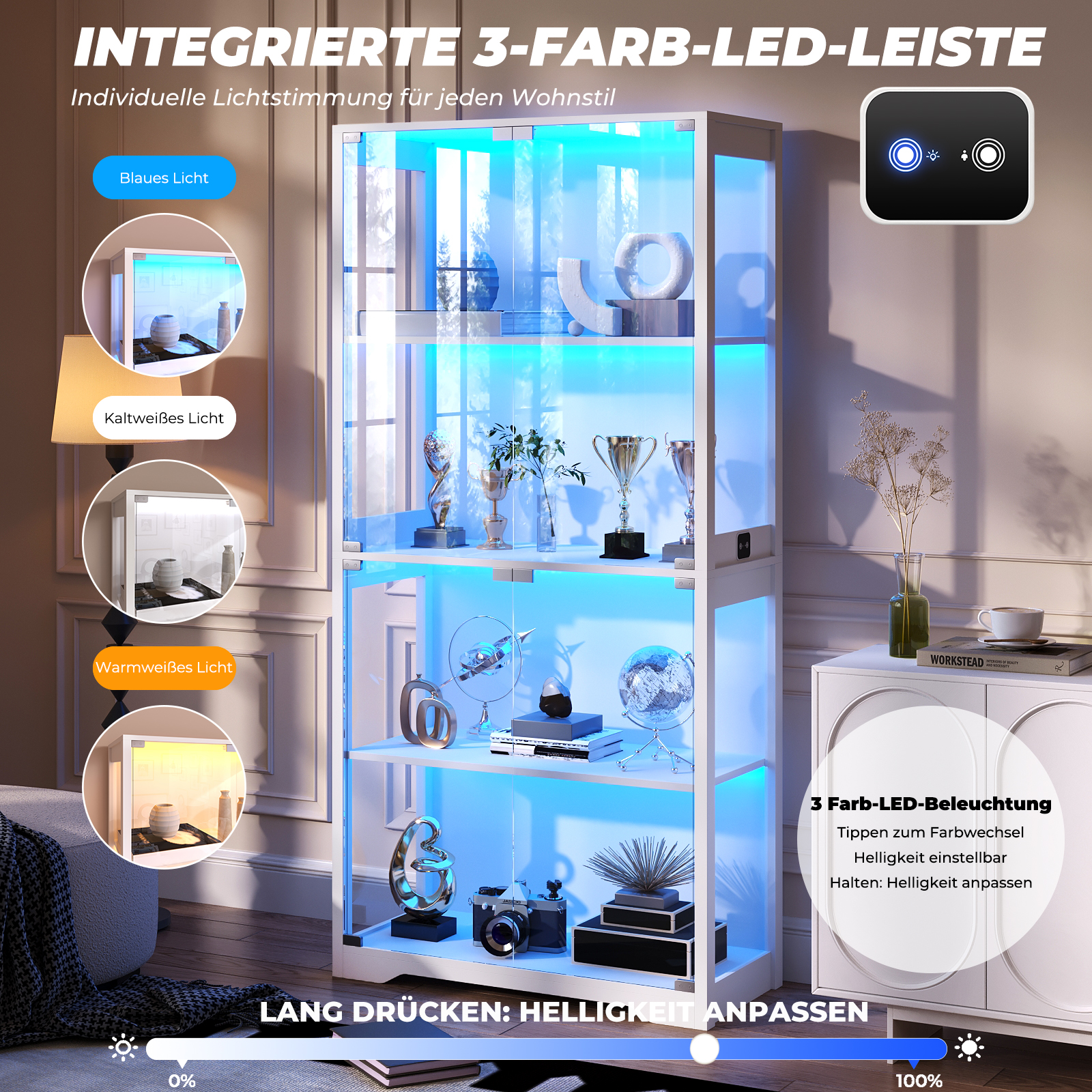 Vitrine mit blauer LED-Beleuchtung, Trophäen und Dekoartikeln. Optionen für Lichtfarbe u. Helligkeit.