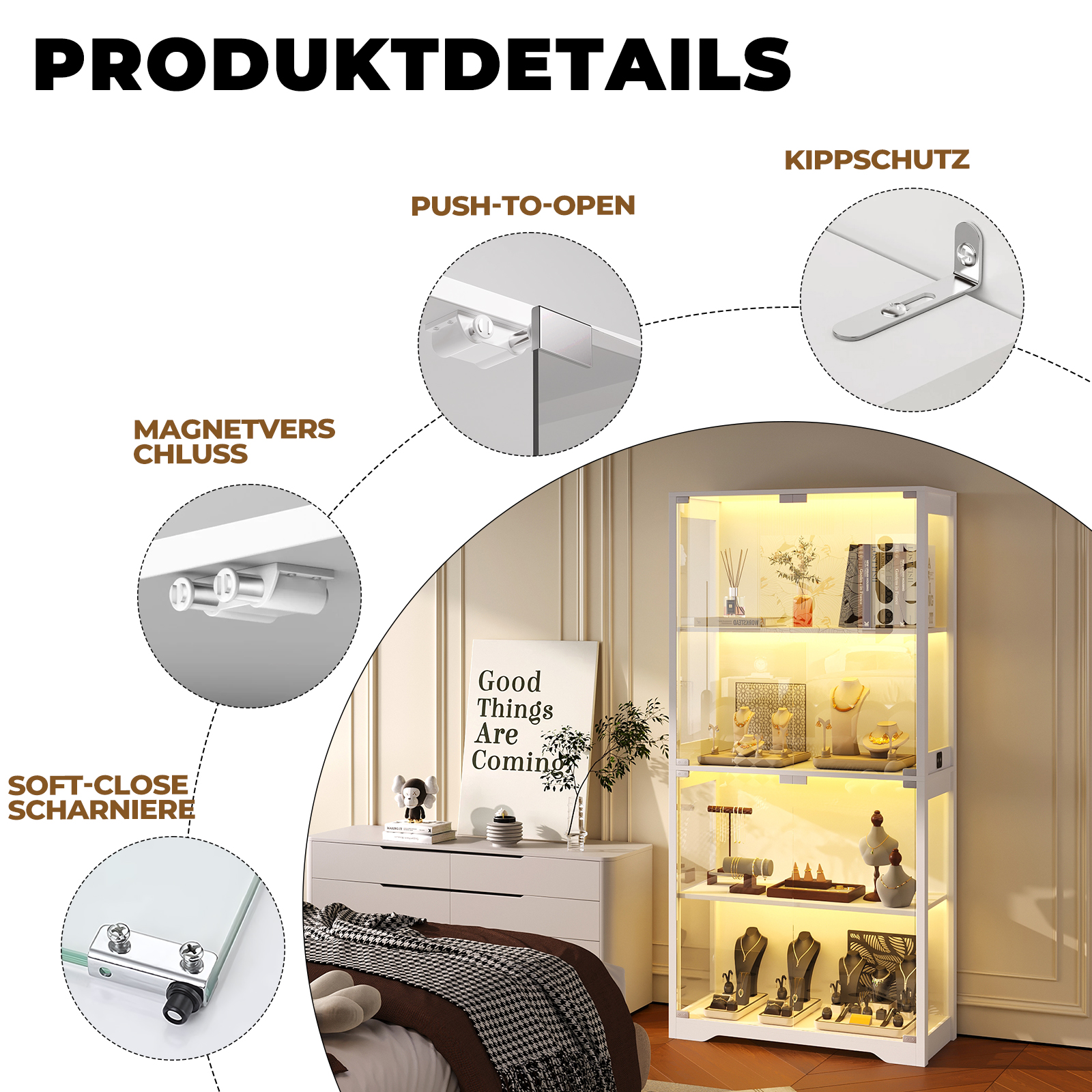 Produktbild mit Details: Vitrine, Magnetverschluss, Kippschutz und Scharniere.