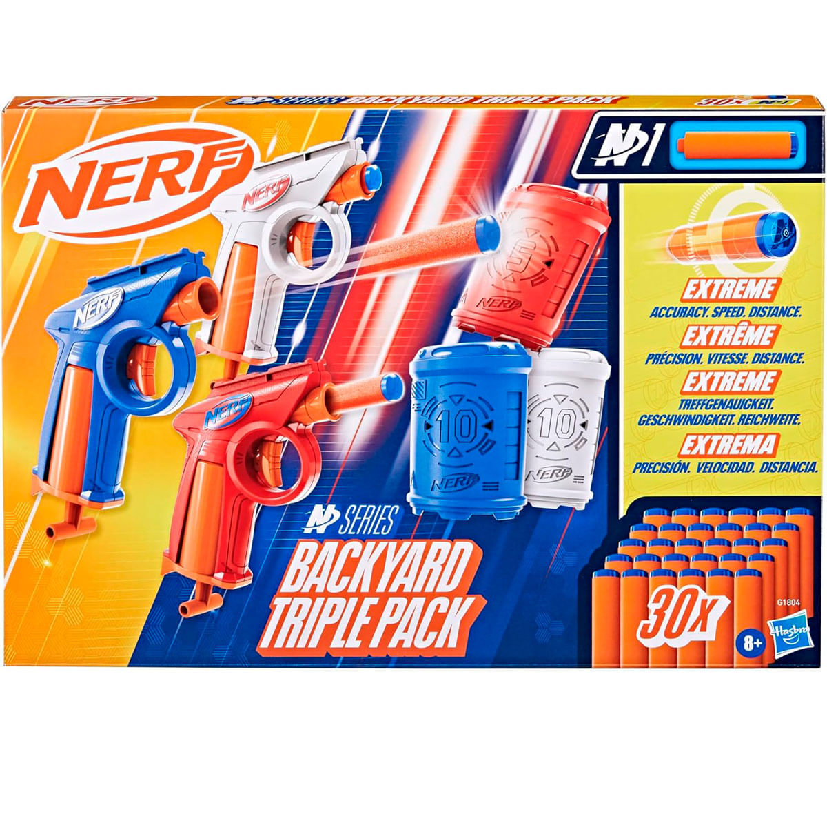 Nerf Backyard Triple Pack: Tres pistolas de juguete, cuatro vasos de objetivo y 30 dardos.