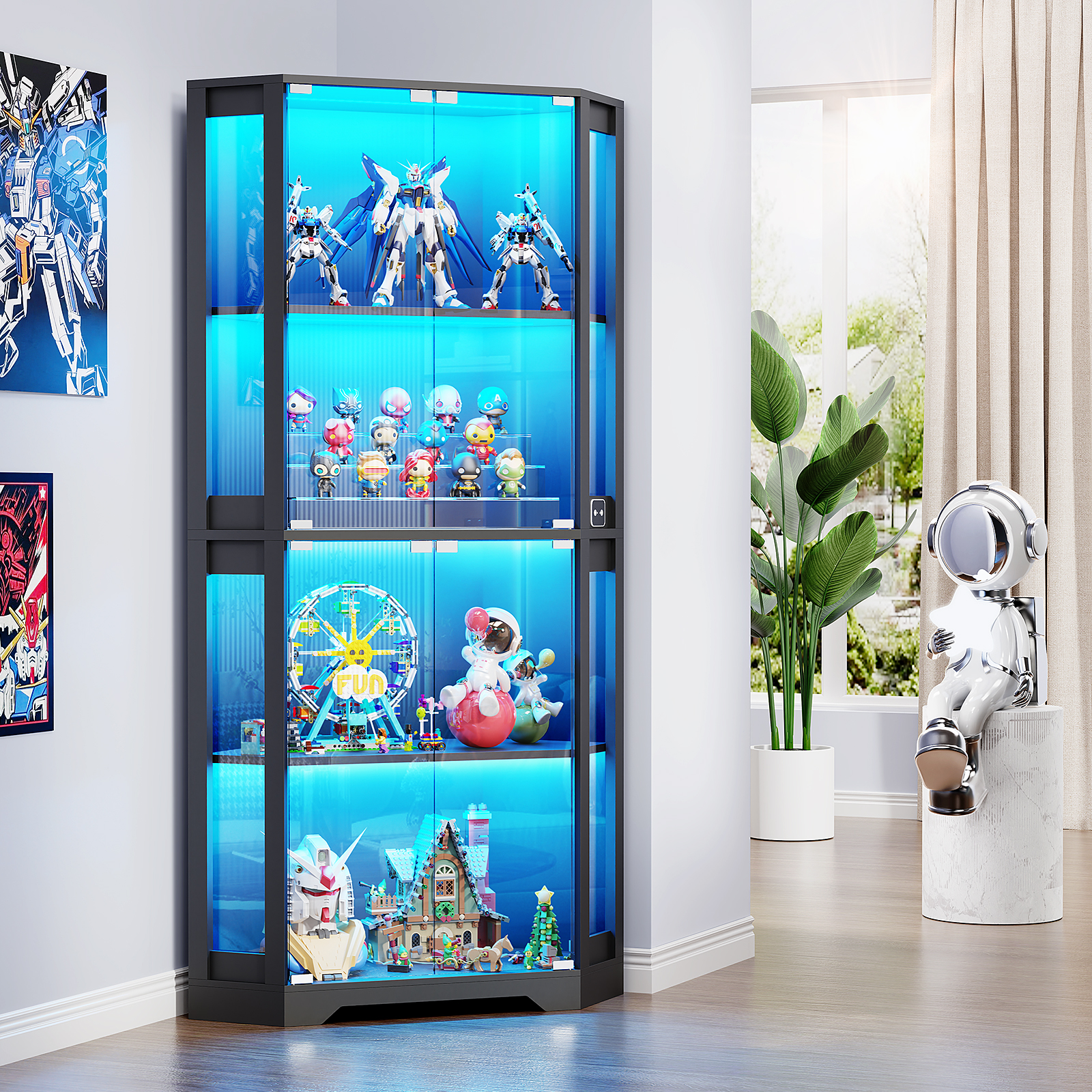 Vitrine mit Gundam-, Funko-Pops-, Riesenrad-, Astronauten- & Hausmodellen.