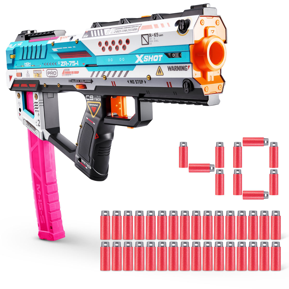 Pistola de juguete azul, blanca y naranja con empuñadura rosa, junto a 40 dardos rojos.
