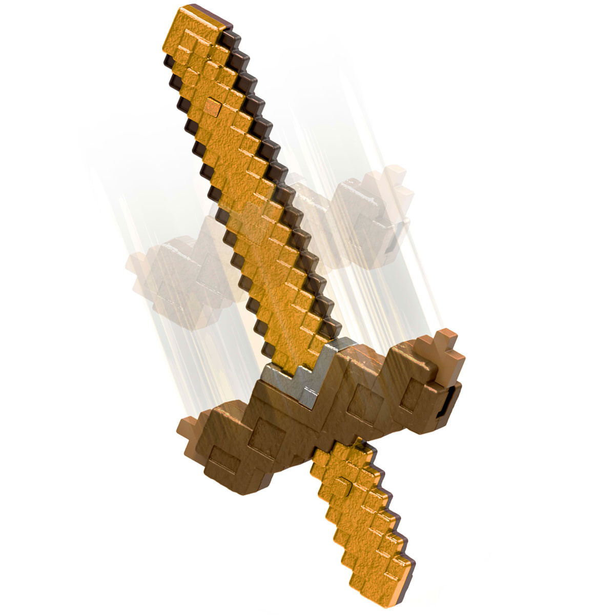 Espada dorada pixelada con detalles marrones, en ángulo hacia abajo, con desenfoque de movimiento.