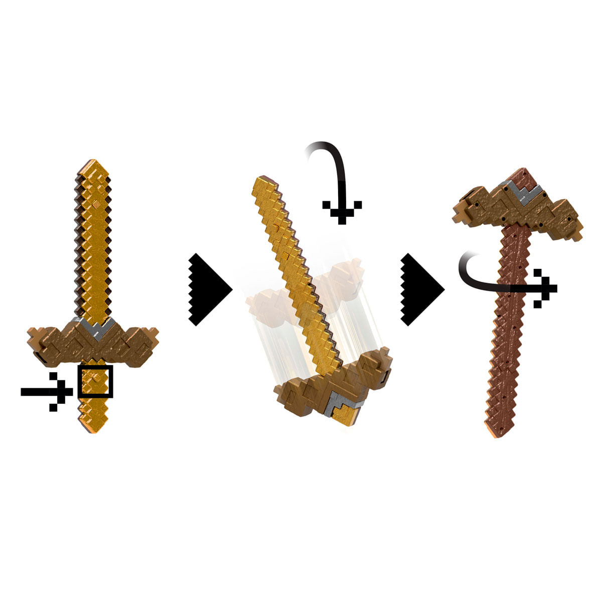 Exhibición en tres pasos de un pico de Minecraft dorado transformándose en uno marrón.