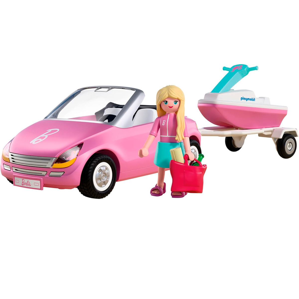 Una figura rubia junto a un descapotable rosa con remolque y moto acuática.