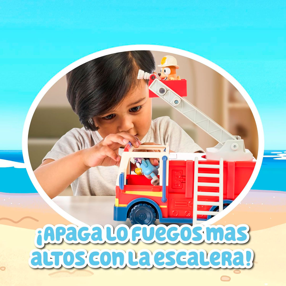 Un niño juega con un camión de bomberos de juguete rojo con escalera y figura de perro.