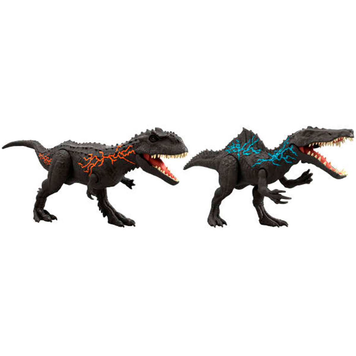 Dos juguetes de dinosaurio negros. Uno tiene líneas naranjas, el otro azules.