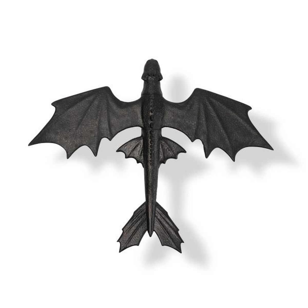 Figura de dragón negro con alas extendidas, vista desde arriba sobre fondo blanco.