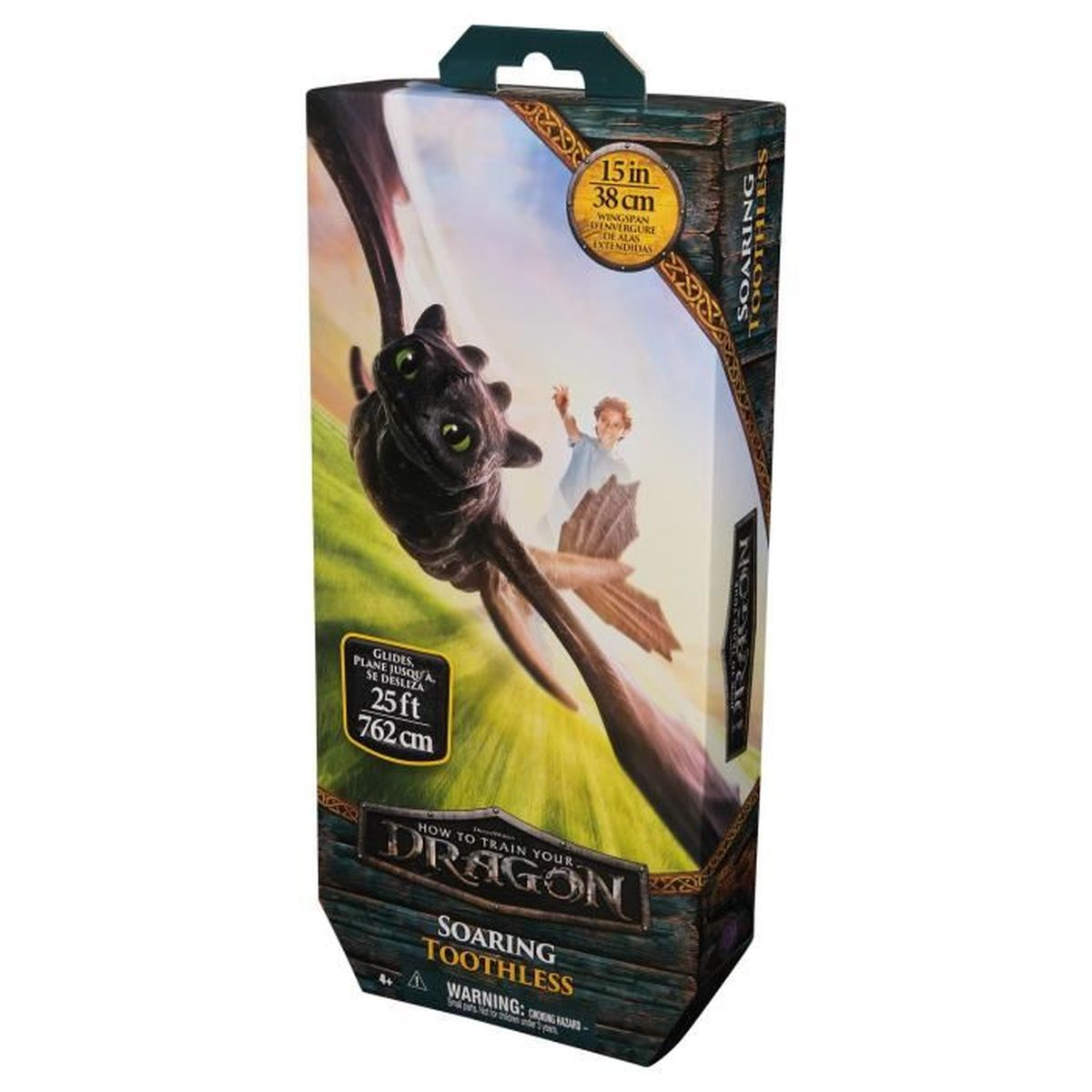Arte de caja para el juguete 'Soaring Toothless' de Cómo entrenar a tu dragón. Presenta a Chimuelo y Hipo volando.