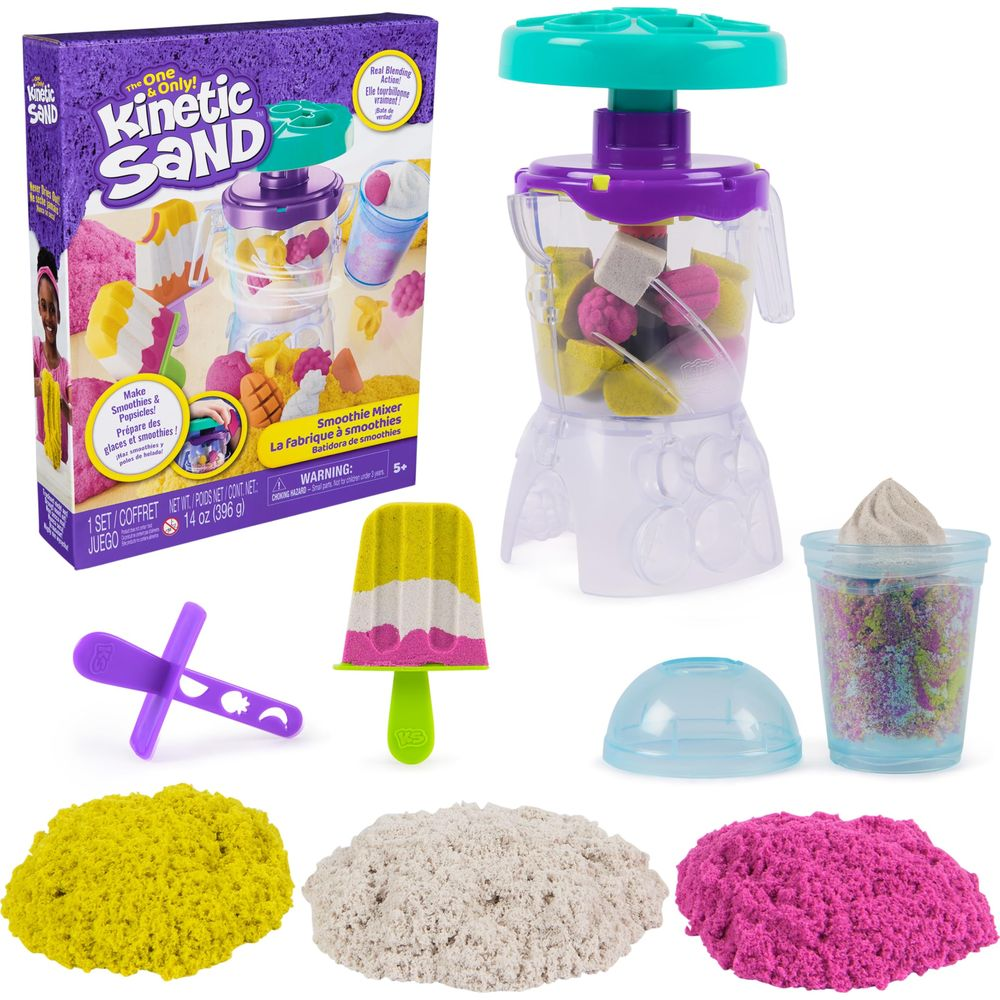 Juego Kinetic Sand Smoothie Mixer con licuadora, moldes, arena y paletas.