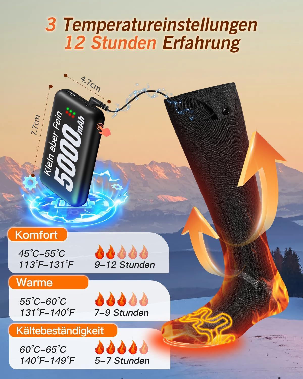 Größentabelle für beheizte Socken mit 3 Temperaturstufen und 5000mAh Powerbank.