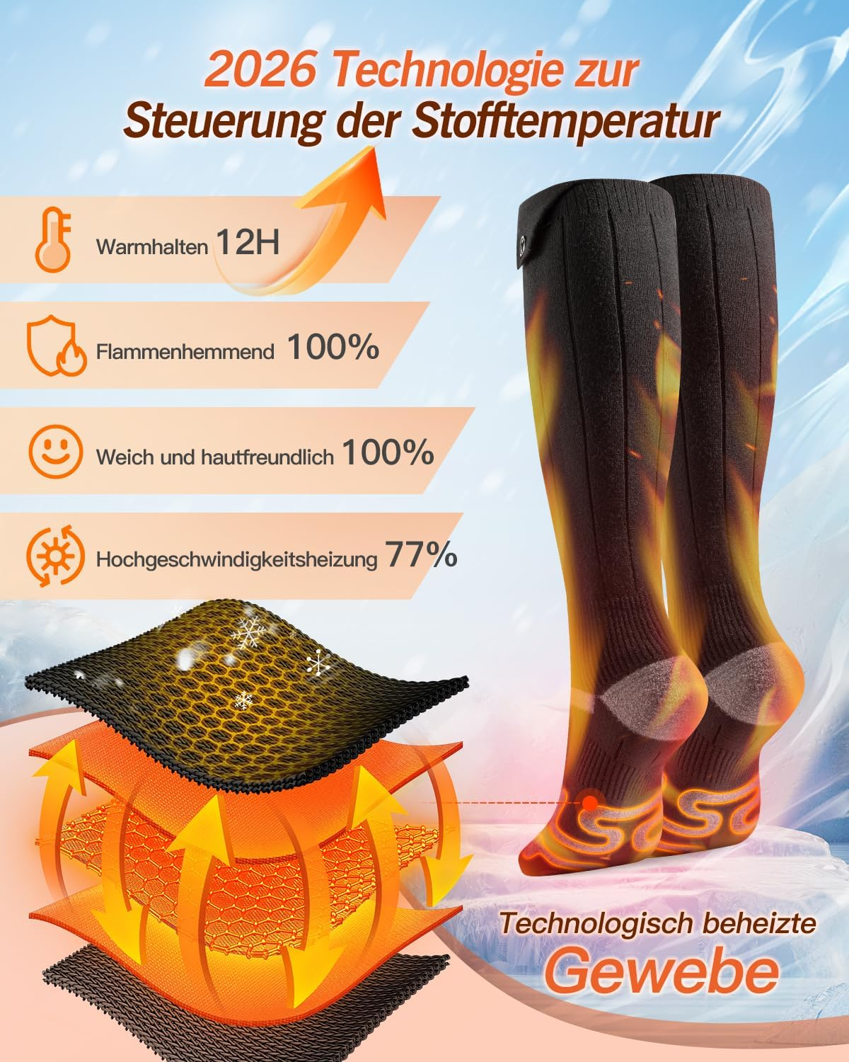 Technologisch beheizte Socken mit 2026 Technologie zur Steuerung der Stofftemperatur.