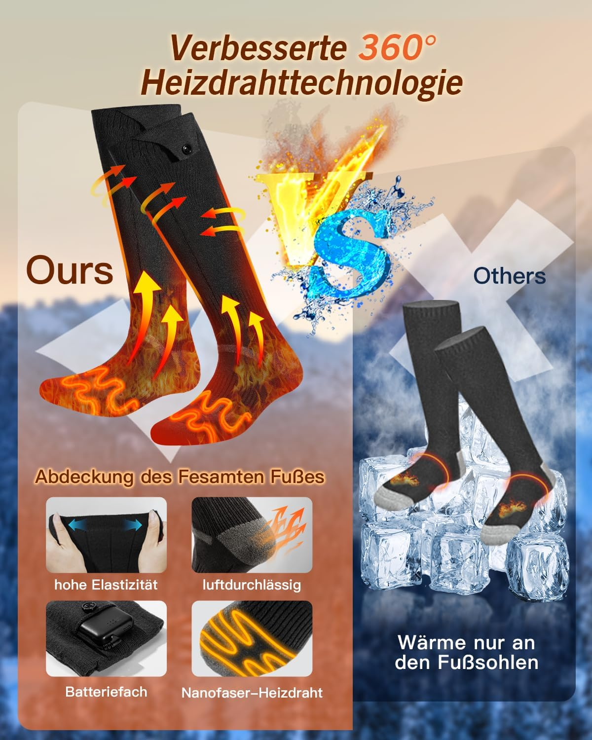 Ours vs. Others: Heizsocken mit 360° Technologie wärmen den ganzen Fuß, andere nur die Sohle.