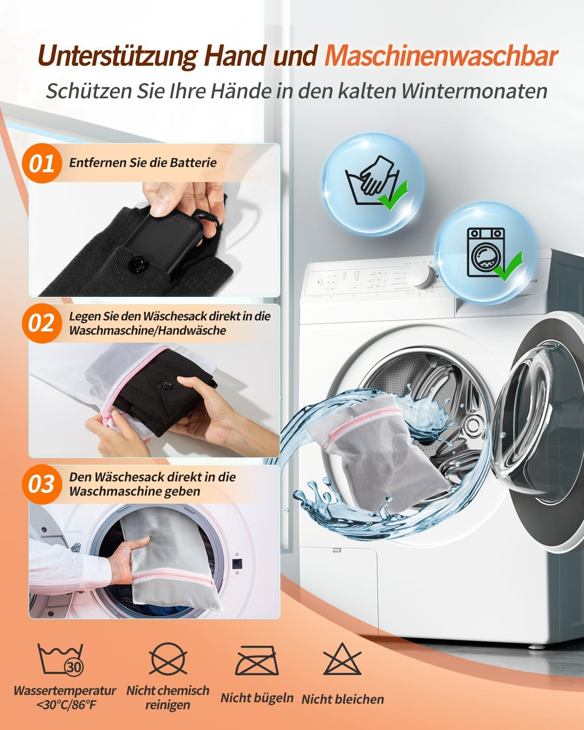 Anleitung: Hände und Maschinen waschbar. Schritte: Batterie entfernen, Wäschebeutel in Maschine, Beutel in Maschine geben.