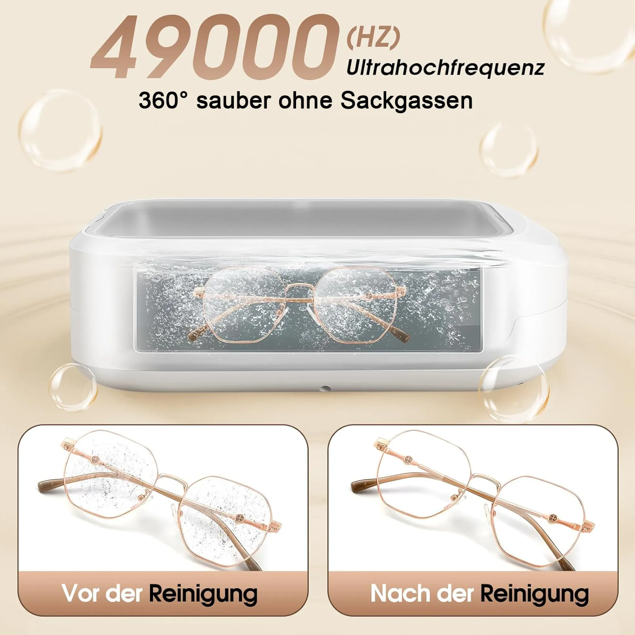 Brillenreiniger: Vorher schmutzig, nachher sauber. 49000 Hz Ultraschall.