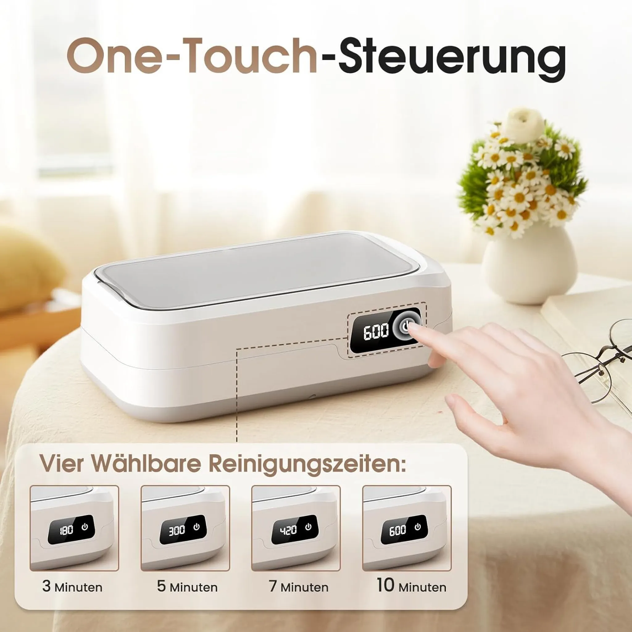 Ein weißer Reiniger mit Touch-Steuerung und Timer-Anzeigen für 3, 5, 7, 10 Minuten.
