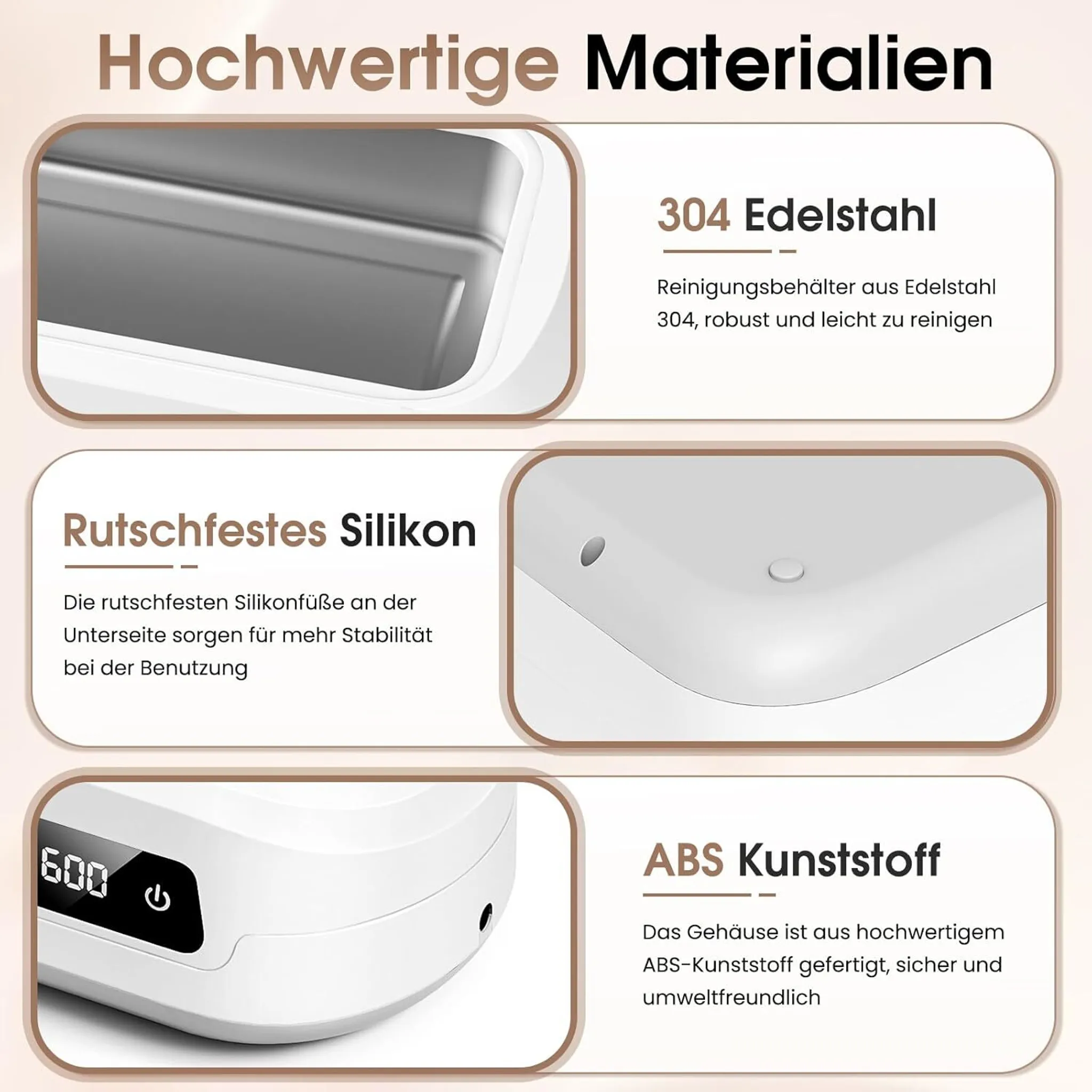 Hochwertige Materialien: 304 Edelstahl, rutschfestes Silikon, ABS-Kunststoff.