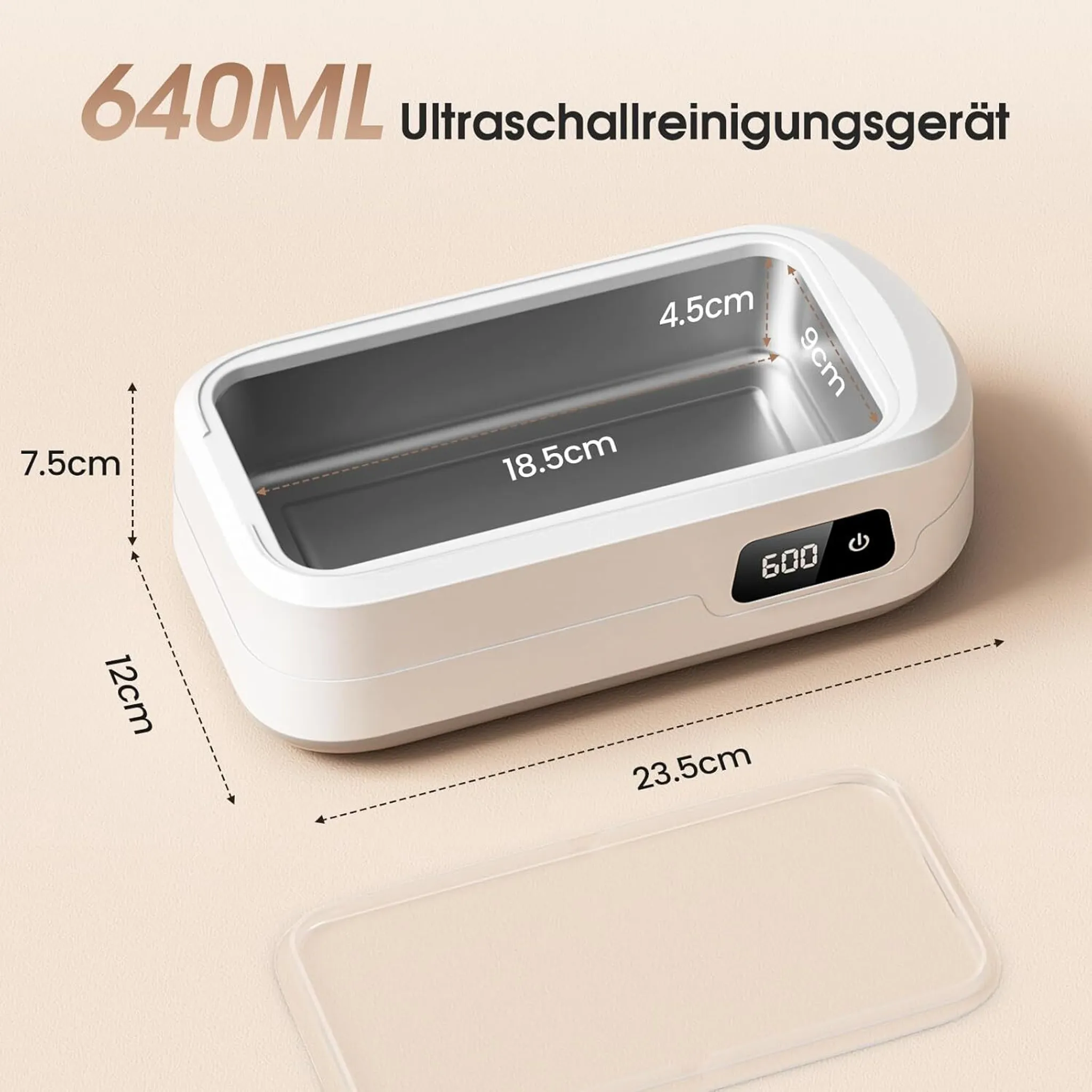 Weißes Ultraschallreinigungsgerät, 640ML Kapazität, mit Maßen.