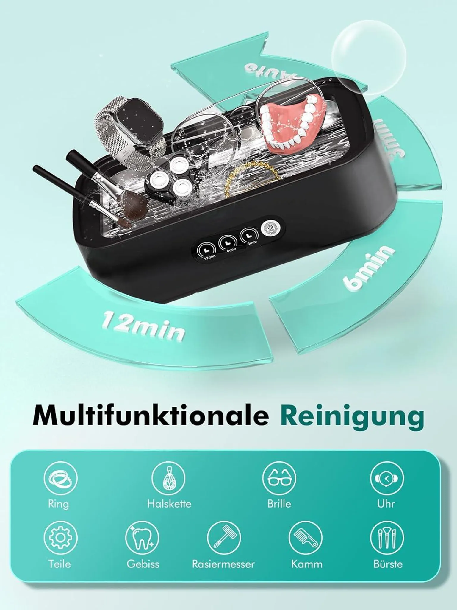 Ultraschallreiniger mit Uhr, Brille, Gebiss, Schmuck, Bürsten und Rasierer.