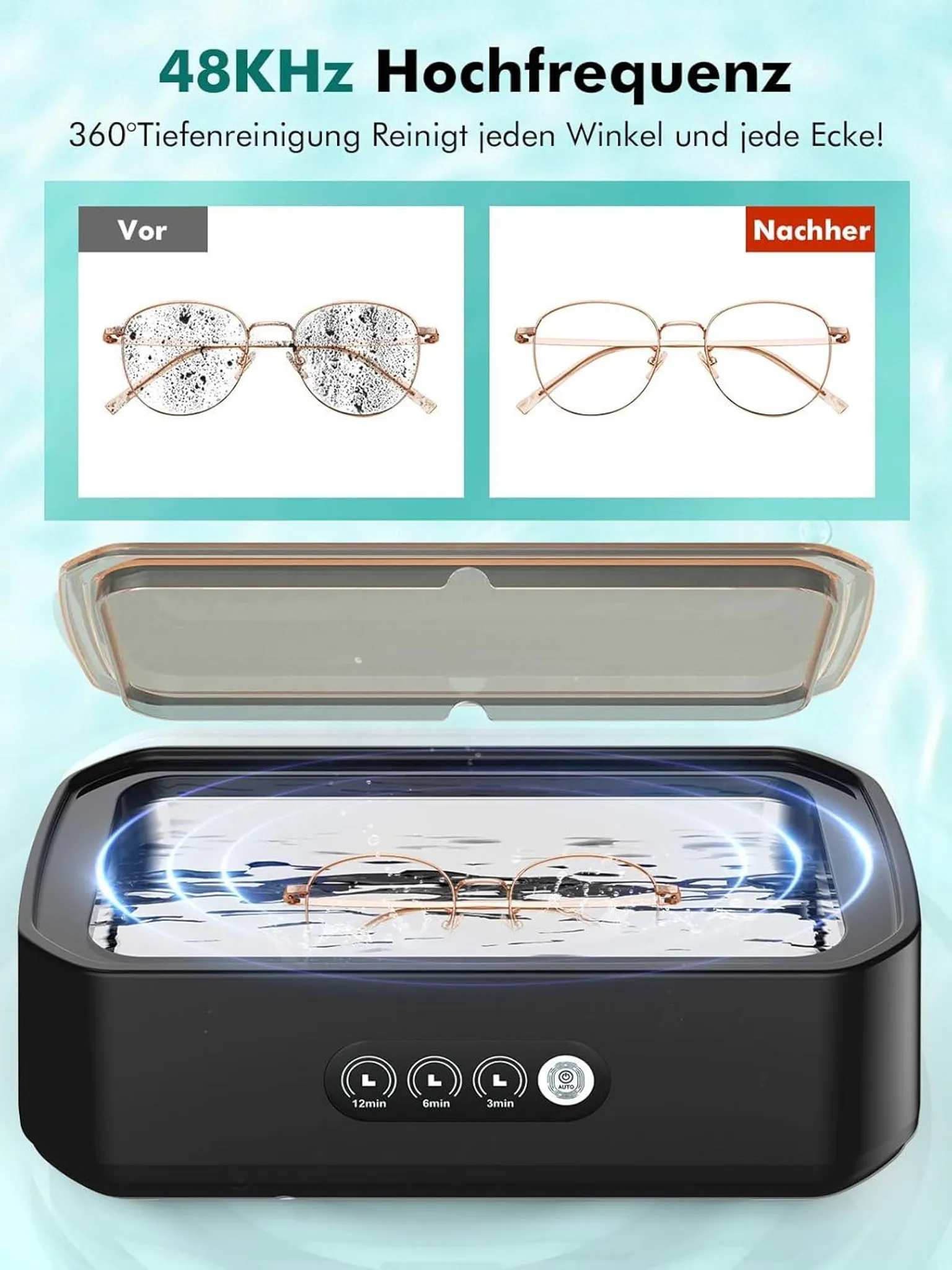 Vorher/Nachher-Vergleich: schmutzige und saubere Brille in einem Reiniger.