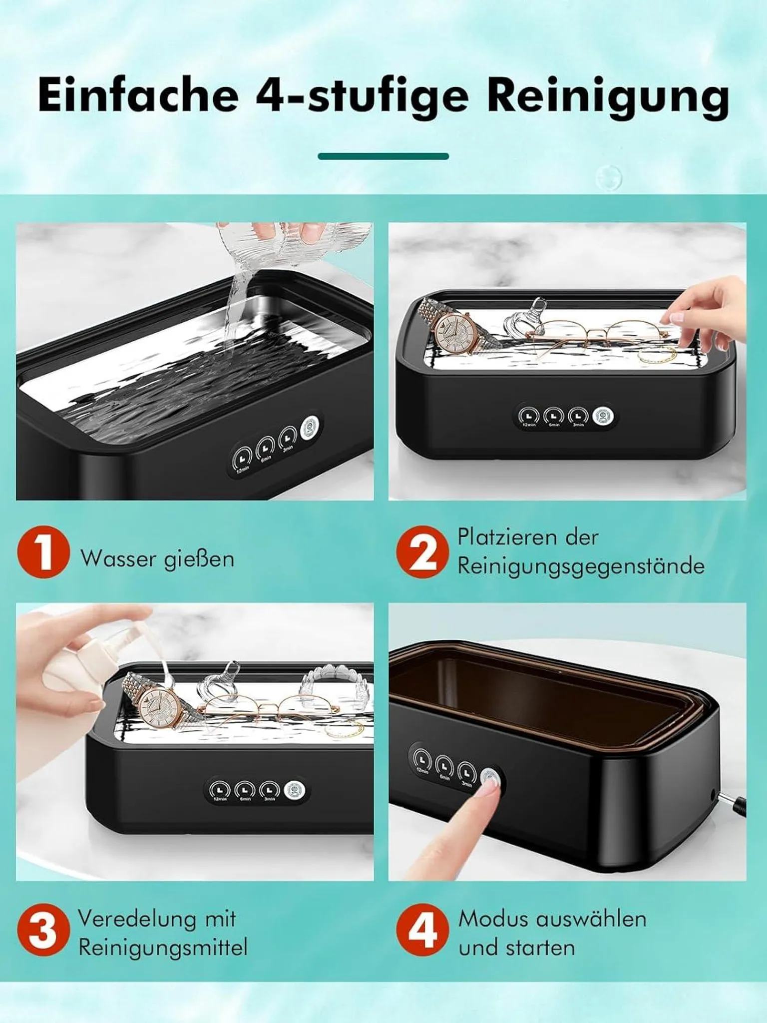 Schritt-für-Schritt-Anleitung zur Reinigung von Gegenständen in einem Reinigungsgerät.