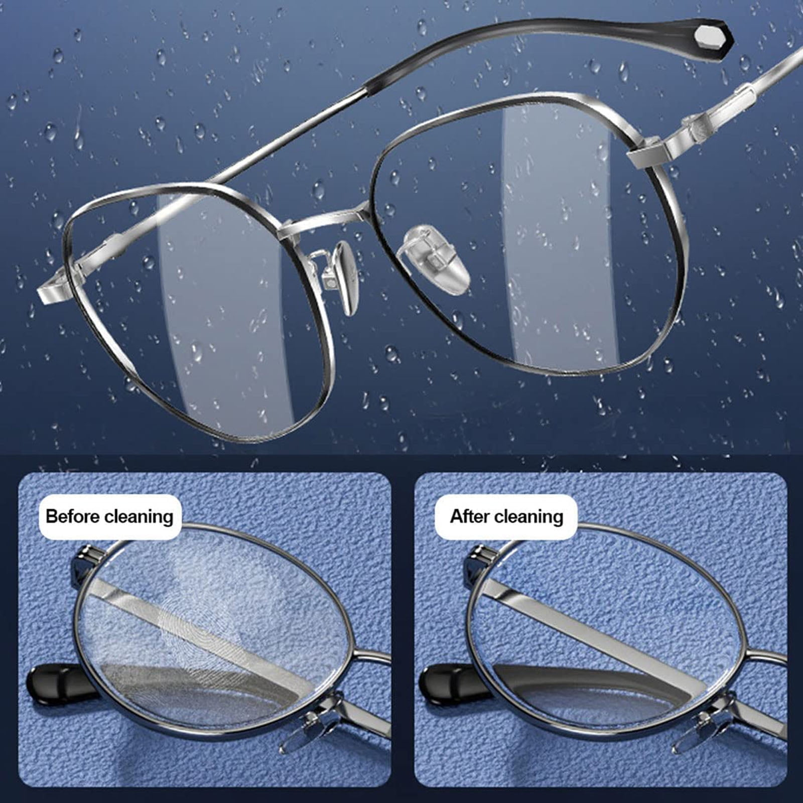 Brille mit Wassertropfen, Vergleich vor und nach der Reinigung.