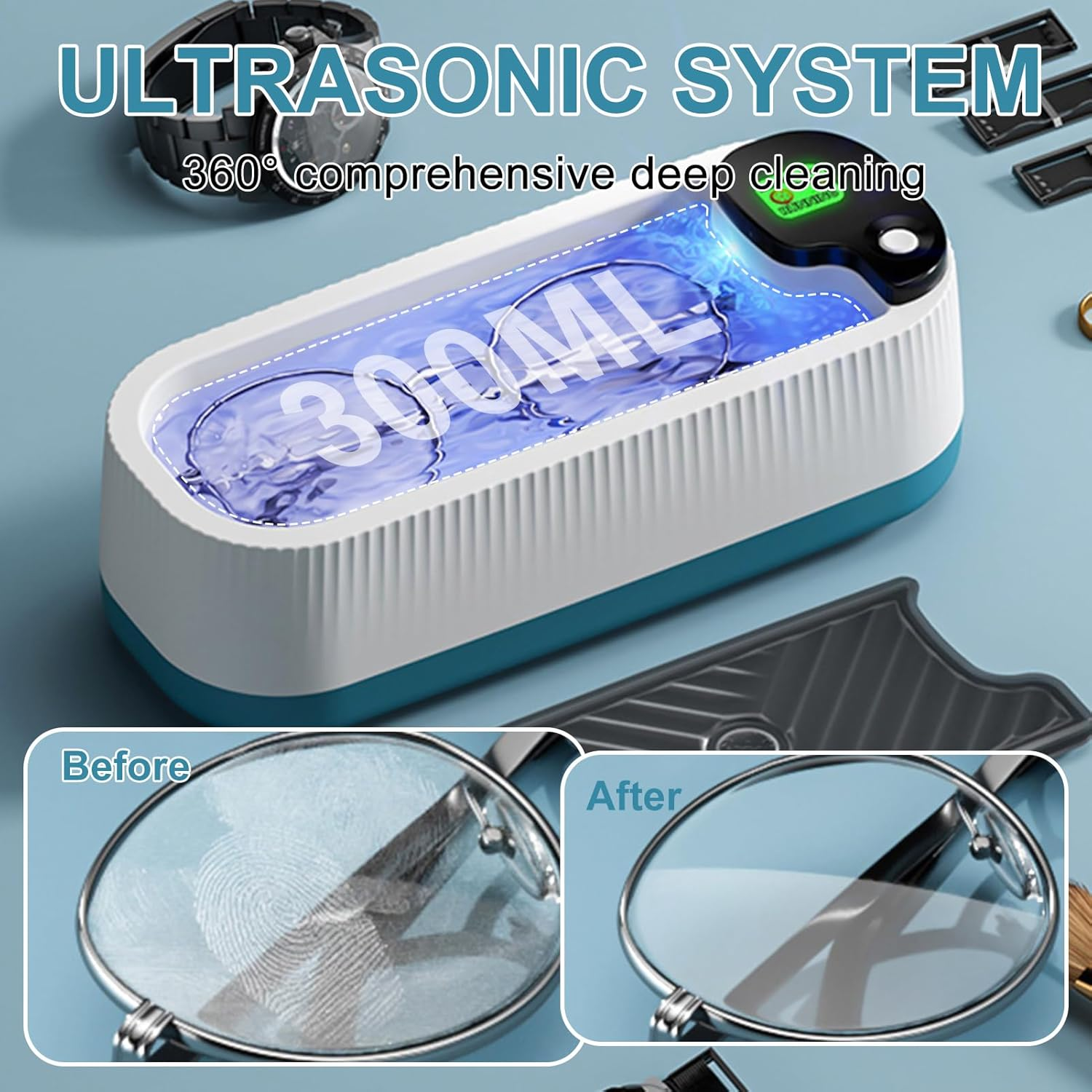 Ultraschallreiniger mit Brille, Uhren und Vorher/Nachher-Vergleich von Gläsern.