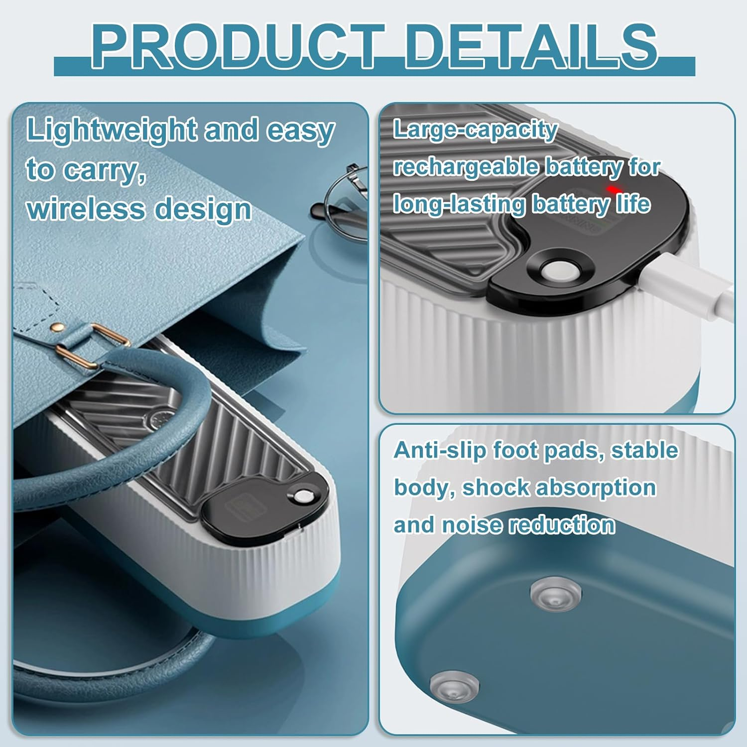Produkt Details: Leicht, kabellos, Akku, rutschfeste Füße.