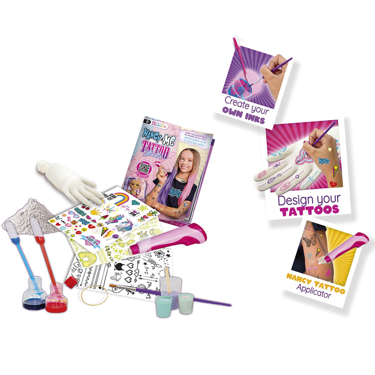 Kit de tatuajes temporales con instrucciones, pegatinas, aplicador y colores.