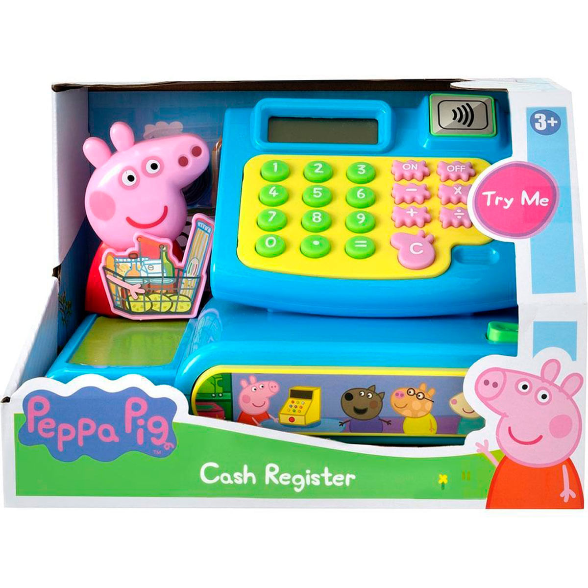 Un juguete de caja registradora de Peppa Pig en empaque azul y amarillo, con personajes de Peppa Pig y un botón 'Pruébame'.