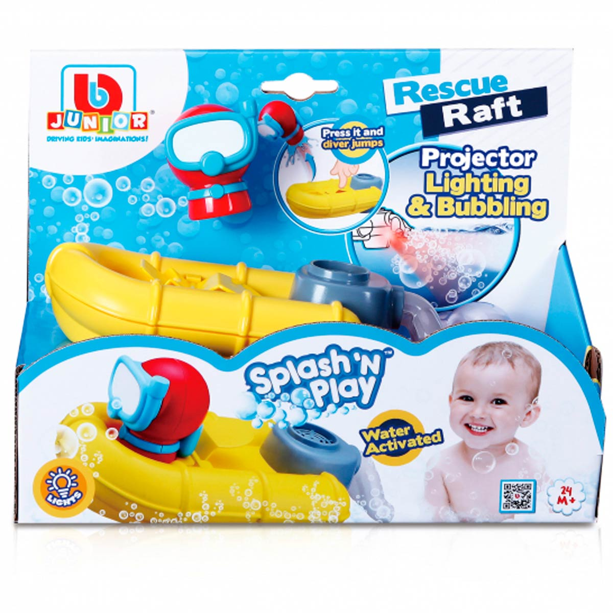 Una balsa de rescate de juguete amarilla con un buzo, etiquetada "Splash 'N' Play".