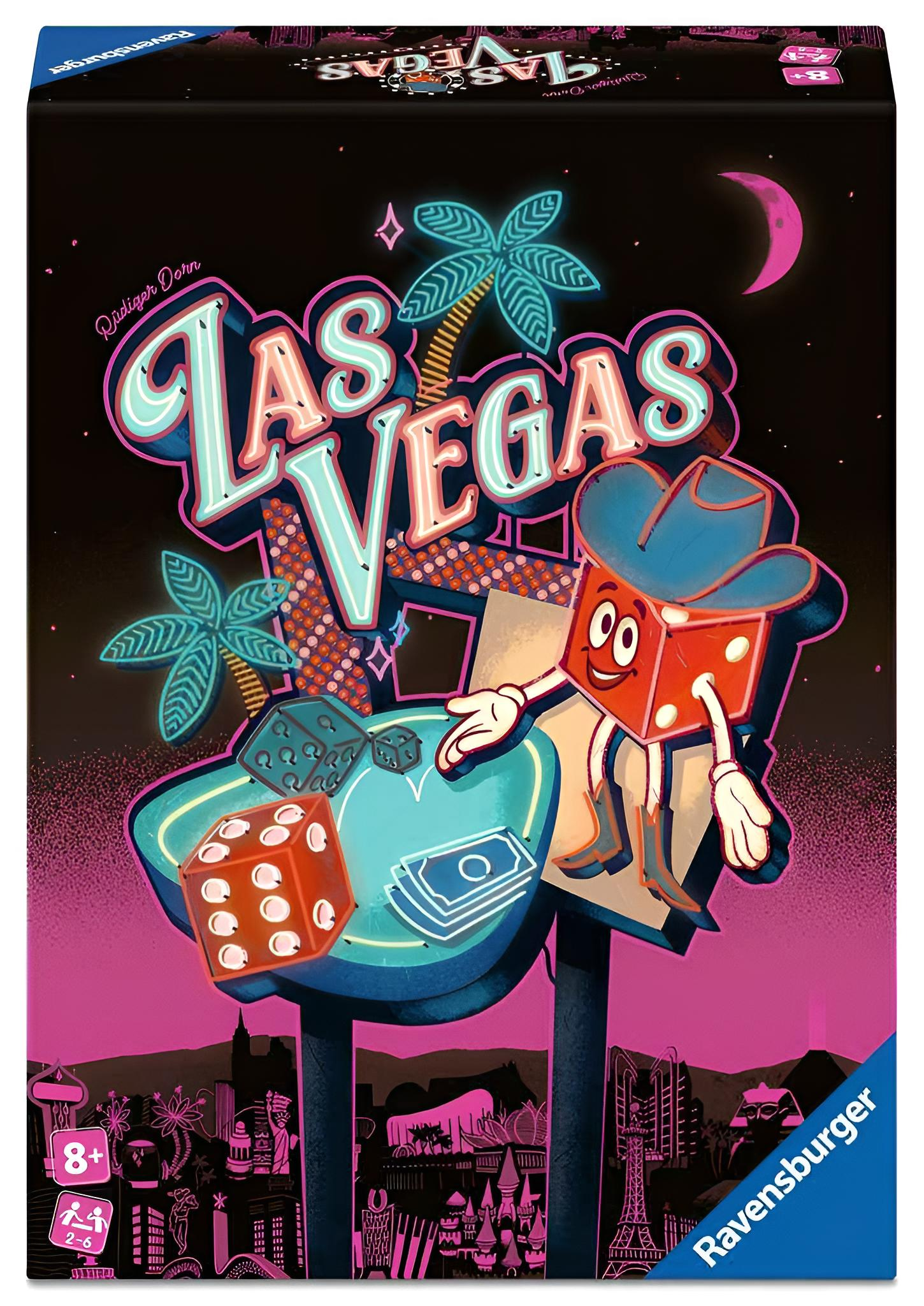 Un dado con sombrero de cowboy y botas se alza sobre un letrero de neón de 'Las Vegas'.