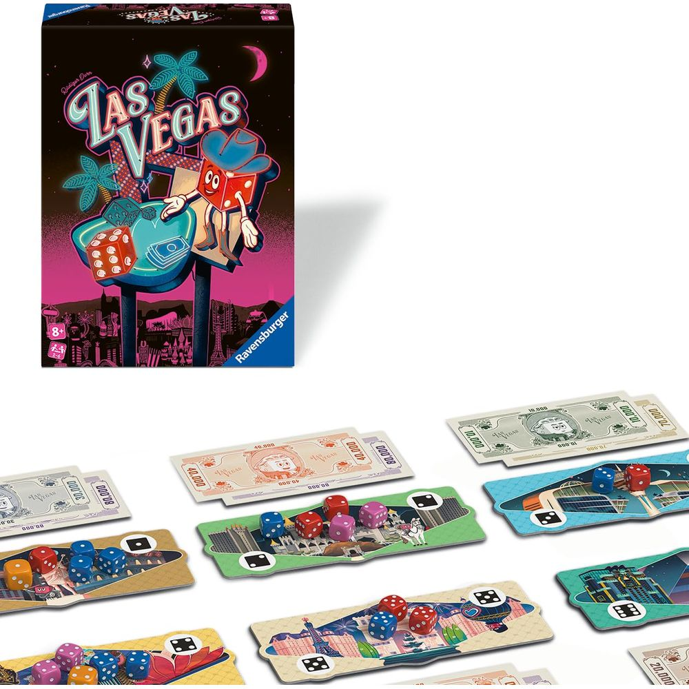 Caja de juego de mesa y segmentos de tablero con dados y billetes.