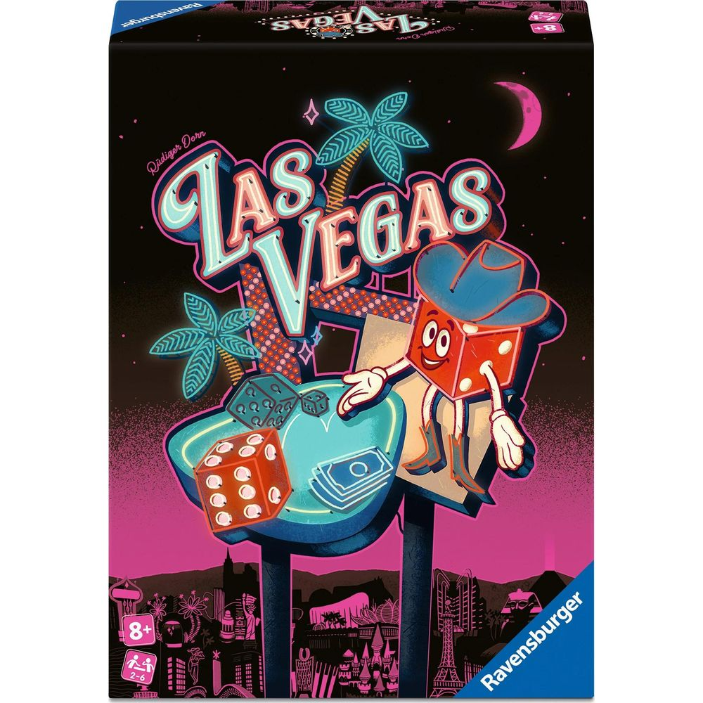 Caja de juego: "Las Vegas" con personaje de dados, palmeras, dinero y horizonte.