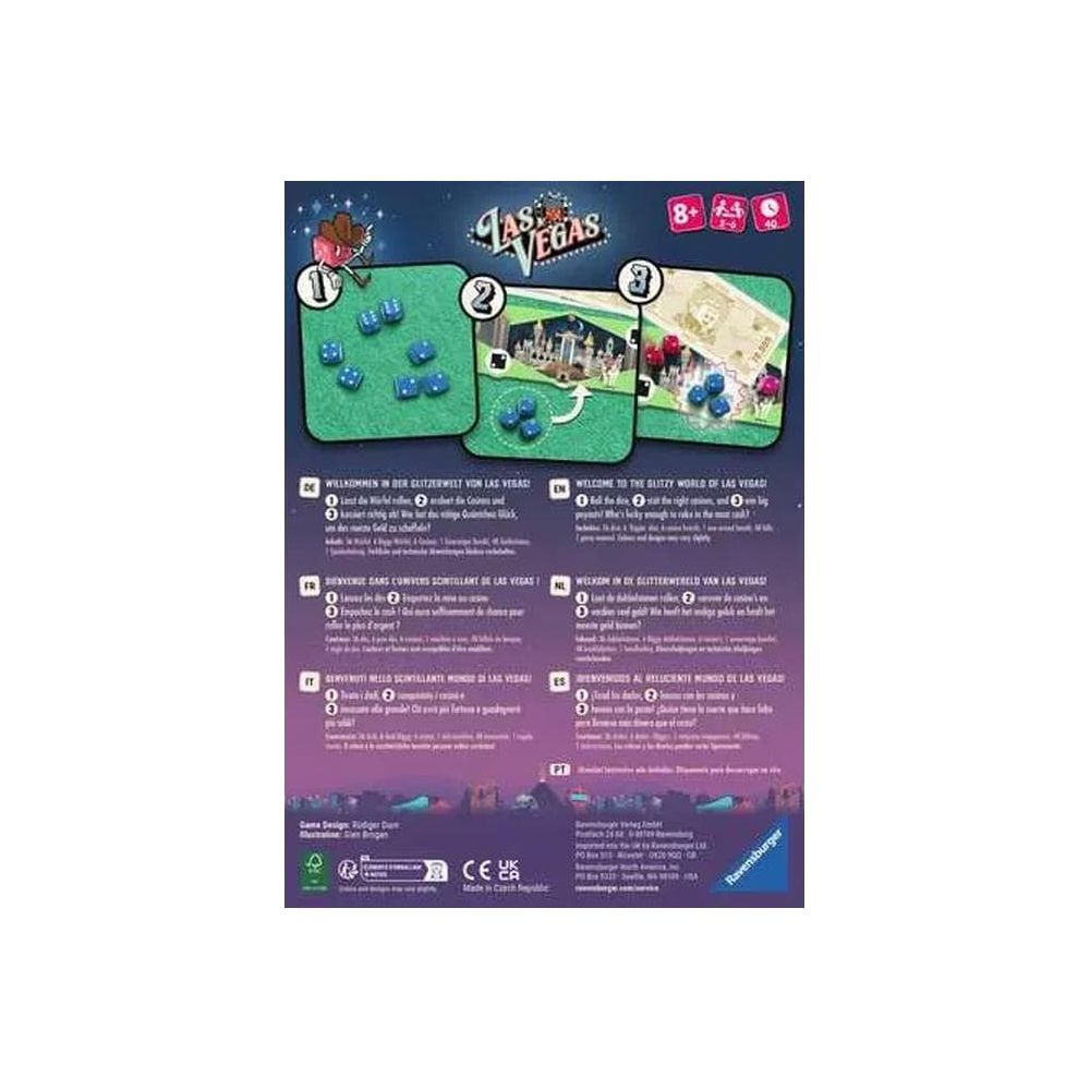 Caja de juego con dados e instrucciones del juego en varios idiomas.