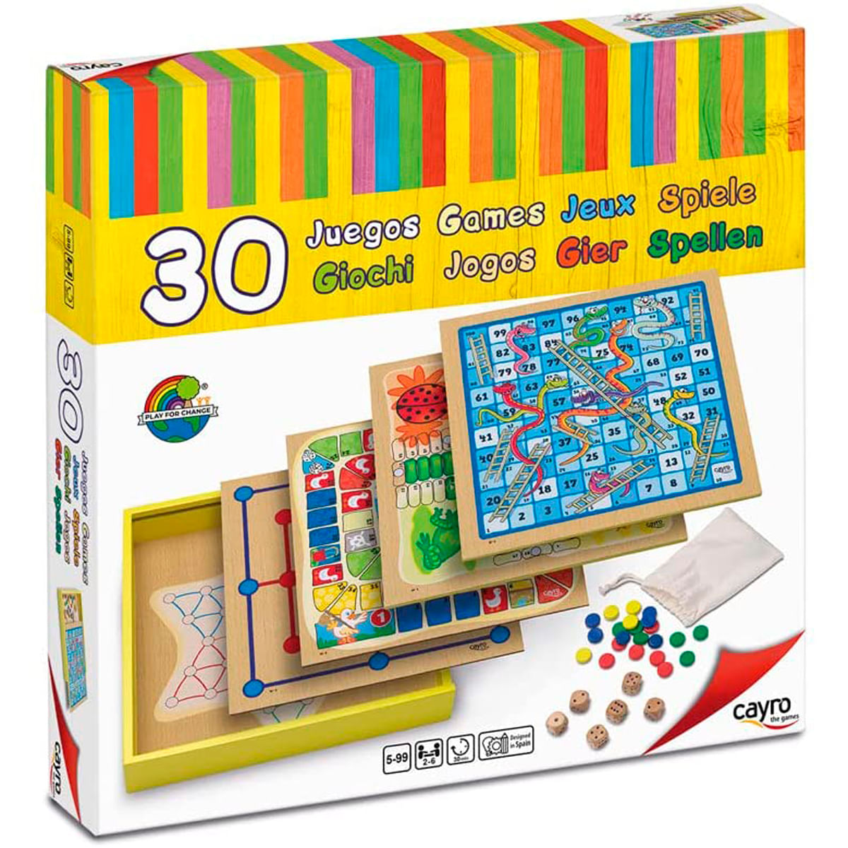Caja de 30 juegos, incluyendo juegos de mesa y dados. Borde superior colorido.