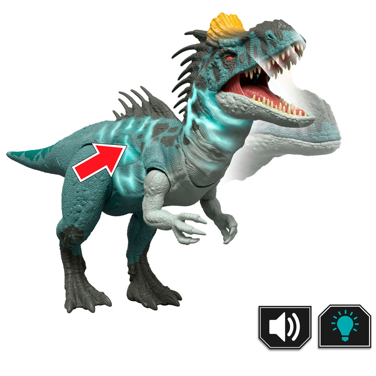 Un dinosaurio azul con cresta amarilla y ojos rojos, con marcas brillantes.